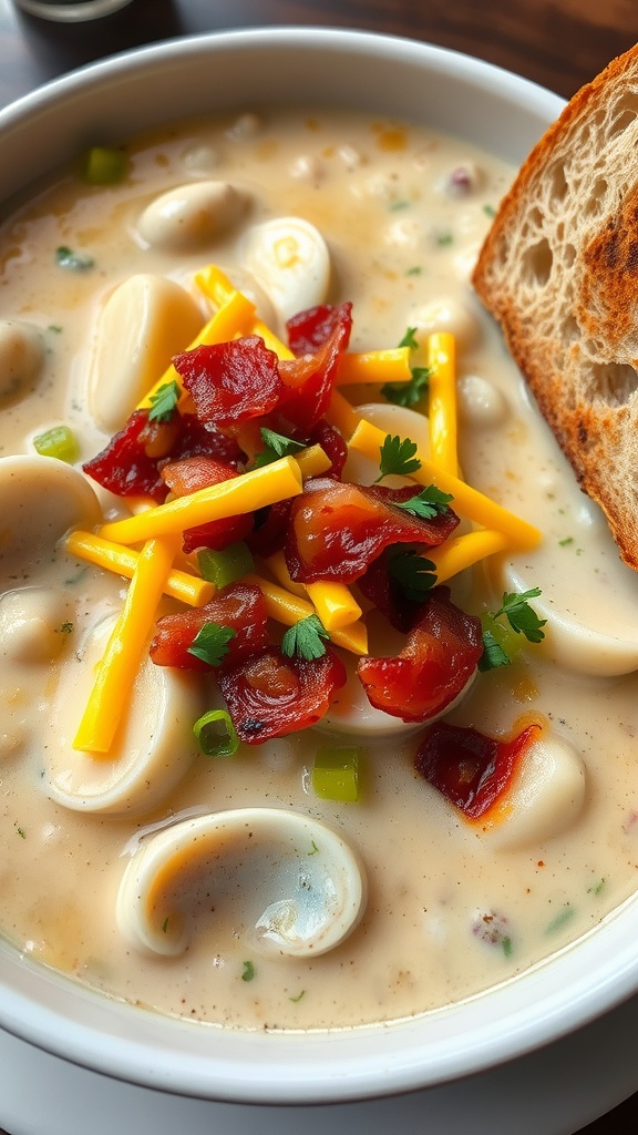 A cozy bowl of clam chowder with cheese, bacon bits, and parsley, served with bread on the side.